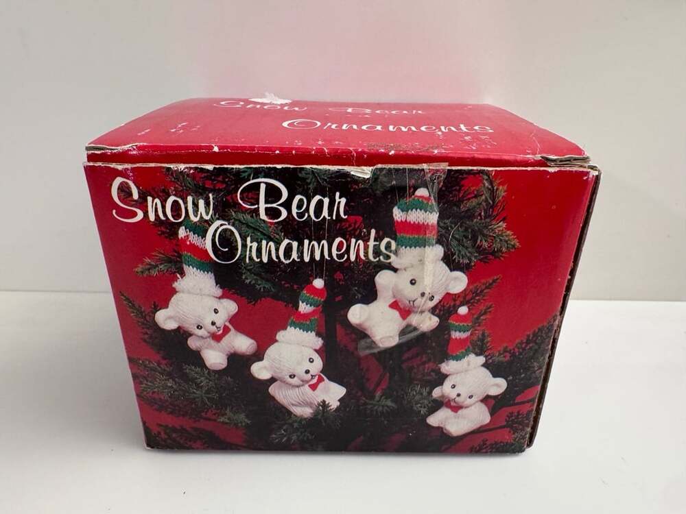 Vintage Set 4 Porcelain Snow Bear Ornaments with Red and Green Knit Hats